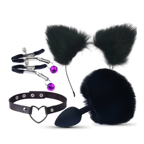 7341 - Kit Coelhinha com Plug de Pompom, Tiara de Orelhas, Gargantilha e Grampos para Seios em Metal